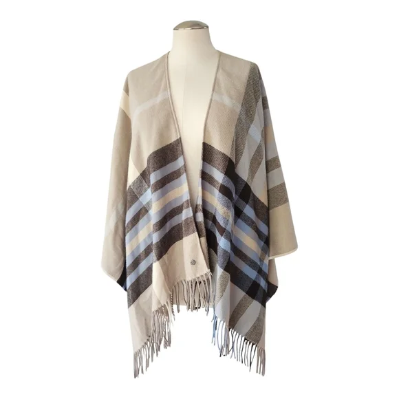 Plaid Woven Acrylic Ruana Poncho Blanket Wrap Fringe Kimono OS - Picture 1 of 7